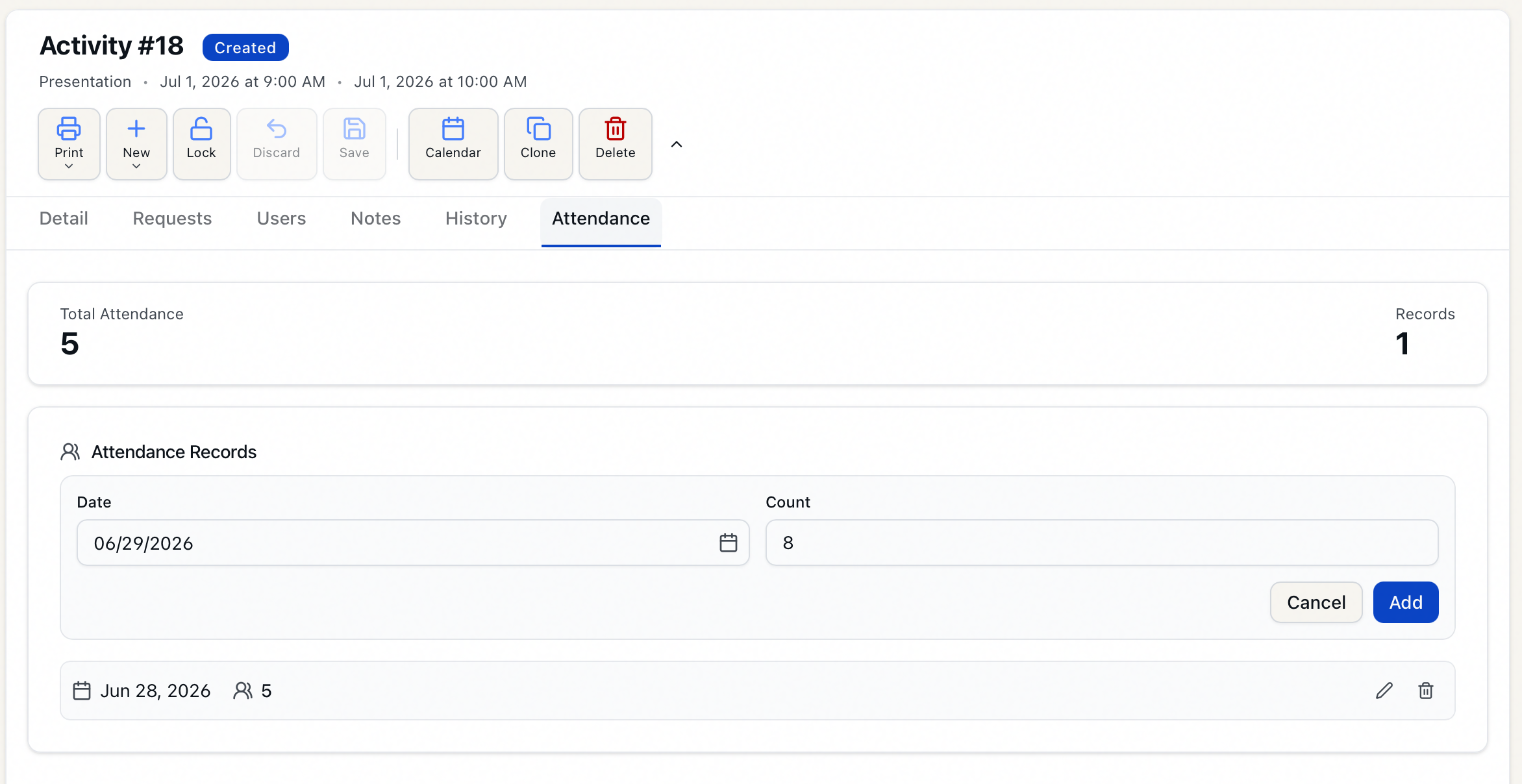 The Attendance tab showing the Total Attendance and Records summary cards and the Add Record form