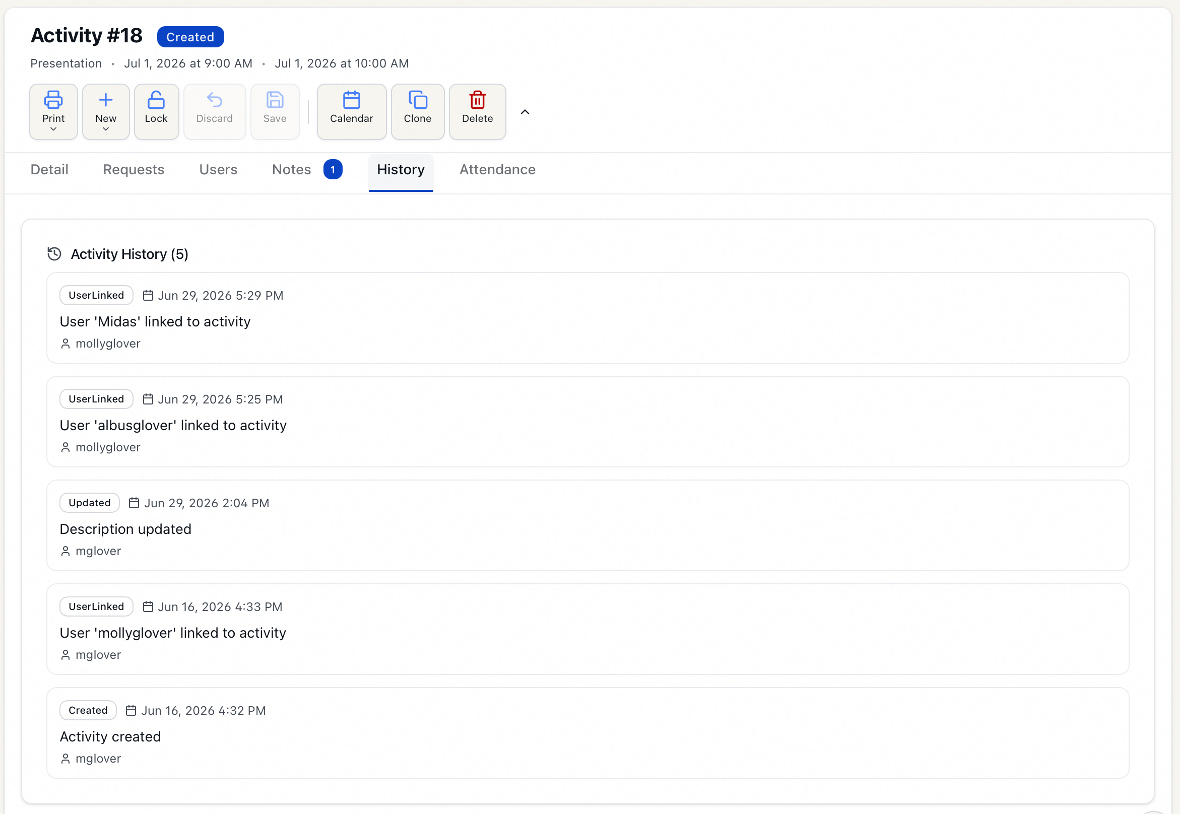 The History tab showing the activity's audit-log entries with type badges, dates, and usernames