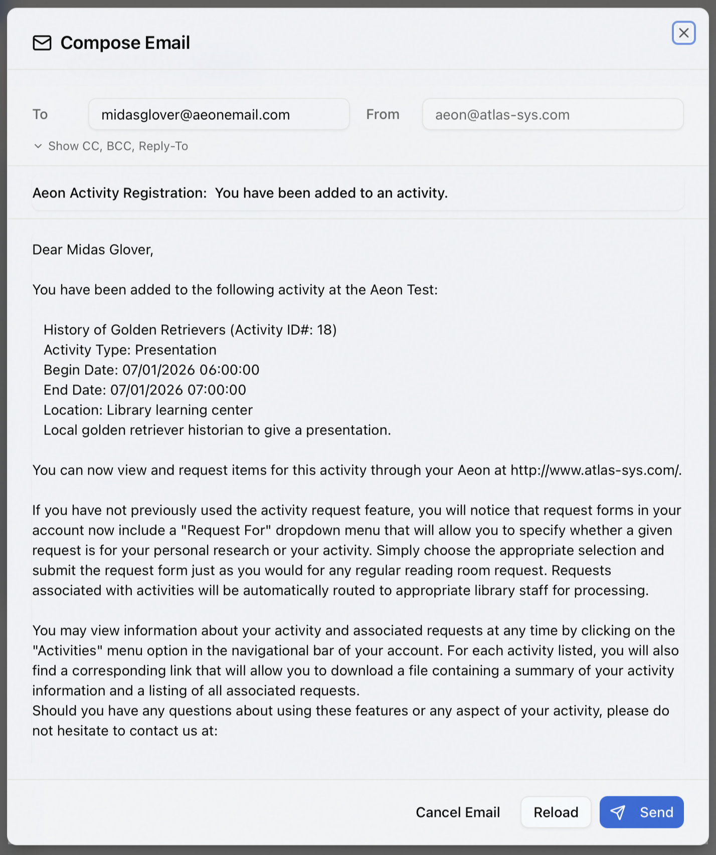 The Compose Email window for an activity-added notification, opened by the Edit email before sending option