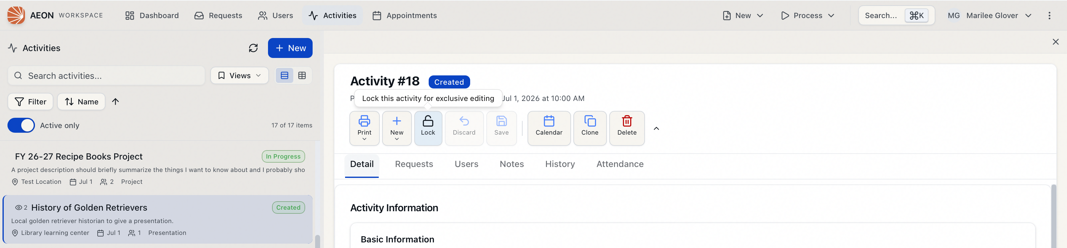 The activity toolbar Lock control in its free state, with a tooltip reading Lock this activity for exclusive editing