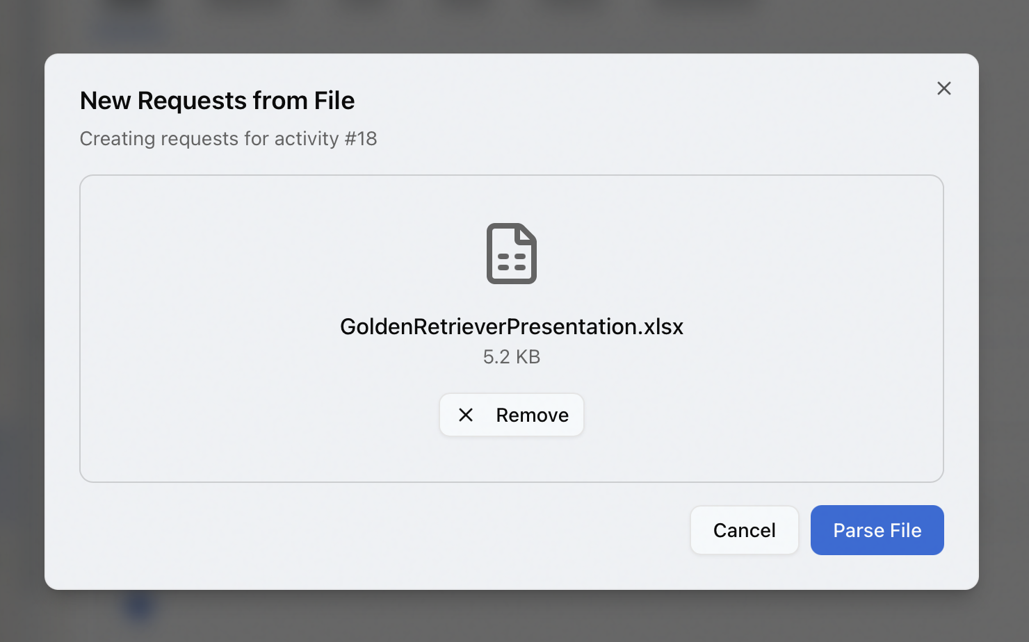 The New Requests from File dialog with a spreadsheet selected and ready to parse