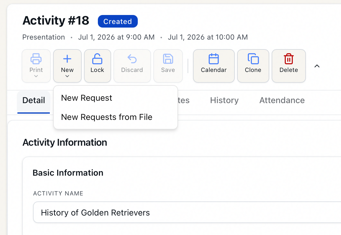 The activity toolbar's New dropdown open, showing the New Requests from File option