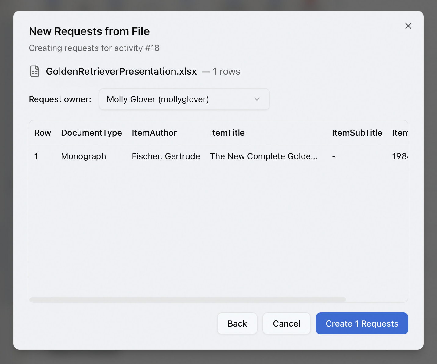The New Requests from File preview, showing the parsed rows and the Request owner selector