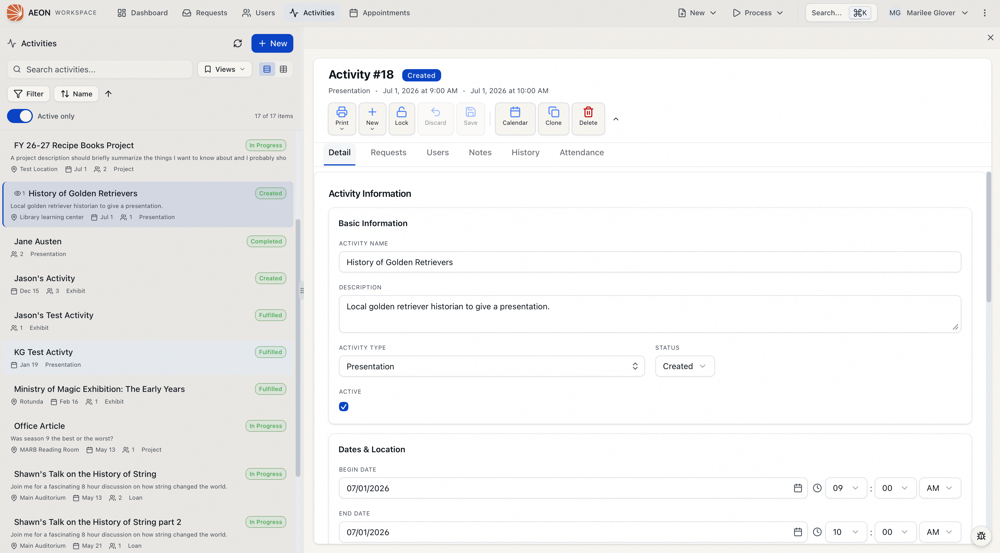 The Activities split view: the activity list with the Cards and Grid toggle on the left and an open activity's Detail tab on the right
