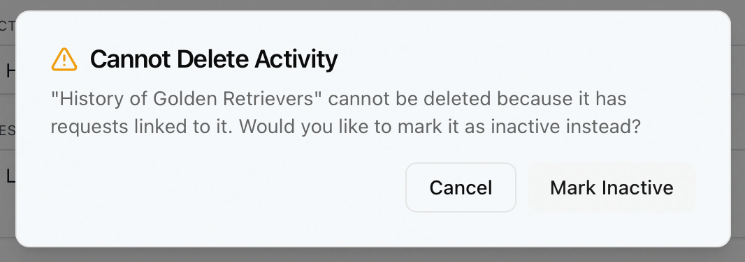 The Cannot Delete Activity dialog explaining the activity has linked requests, with Cancel and Mark Inactive buttons
