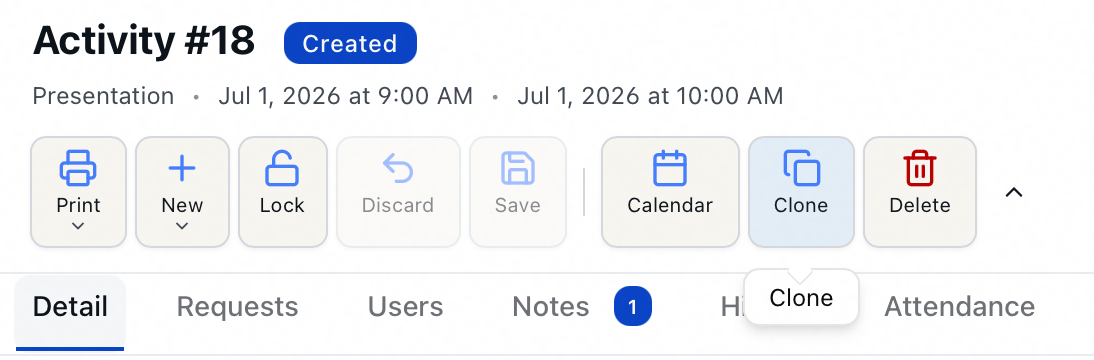 The Clone button, a Copy icon, in the activity detail toolbar