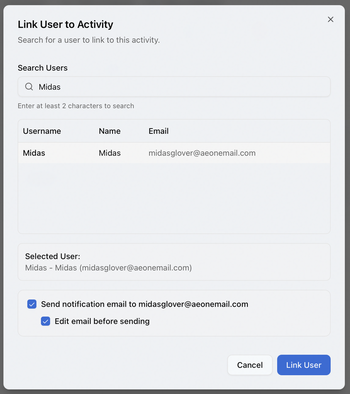 The Link User to Activity dialog with a user selected and the Send notification email and Edit email before sending options checked