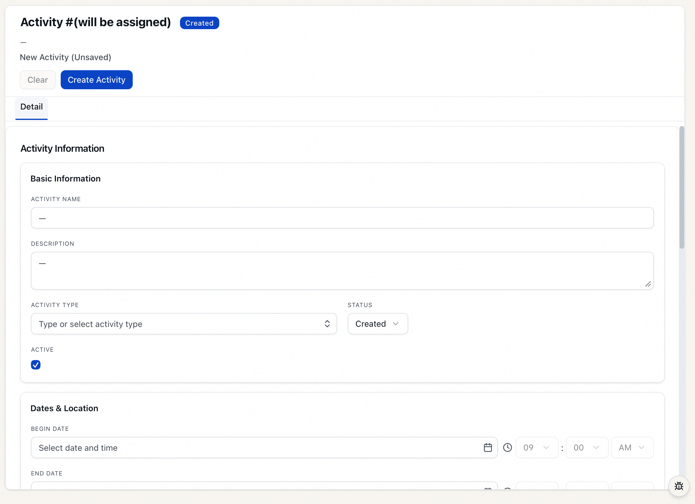 The blank New Activity (Unsaved) form with the Clear and Create Activity buttons and the Basic Information and Dates and Location sections