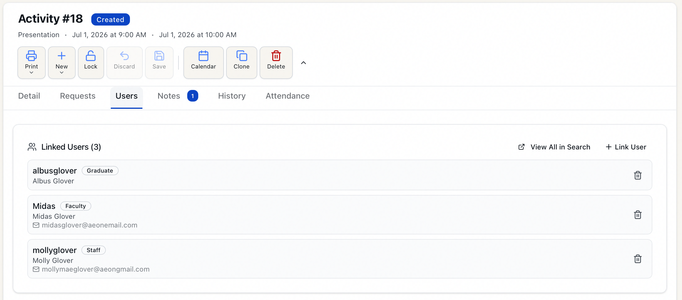 The Users tab showing the Linked Users list with each member's username, status badge, name, and email, plus the View All in Search and Link User buttons