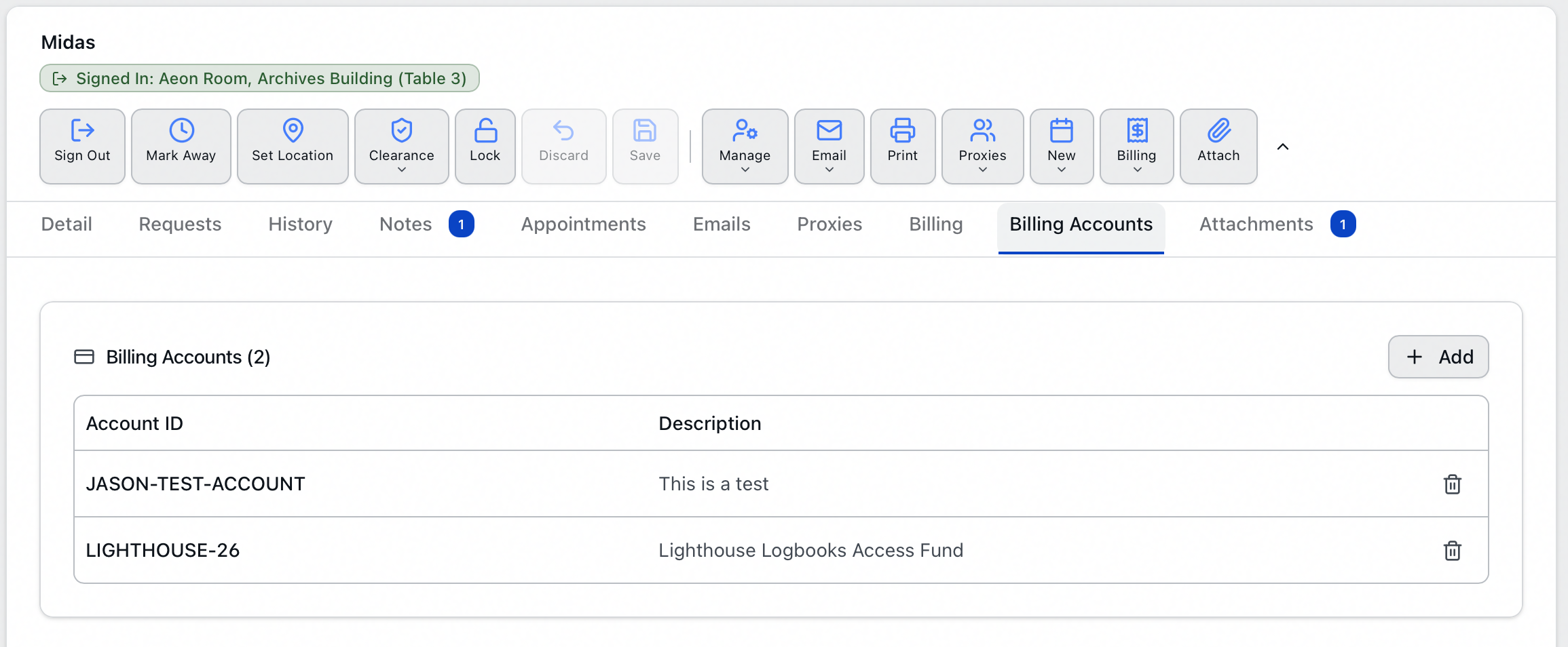 The Billing Accounts tab of a user record reading Billing Accounts (2), listing JASON-TEST-ACCOUNT and LIGHTHOUSE-26 with their descriptions, an Add button, and a remove button on each row
