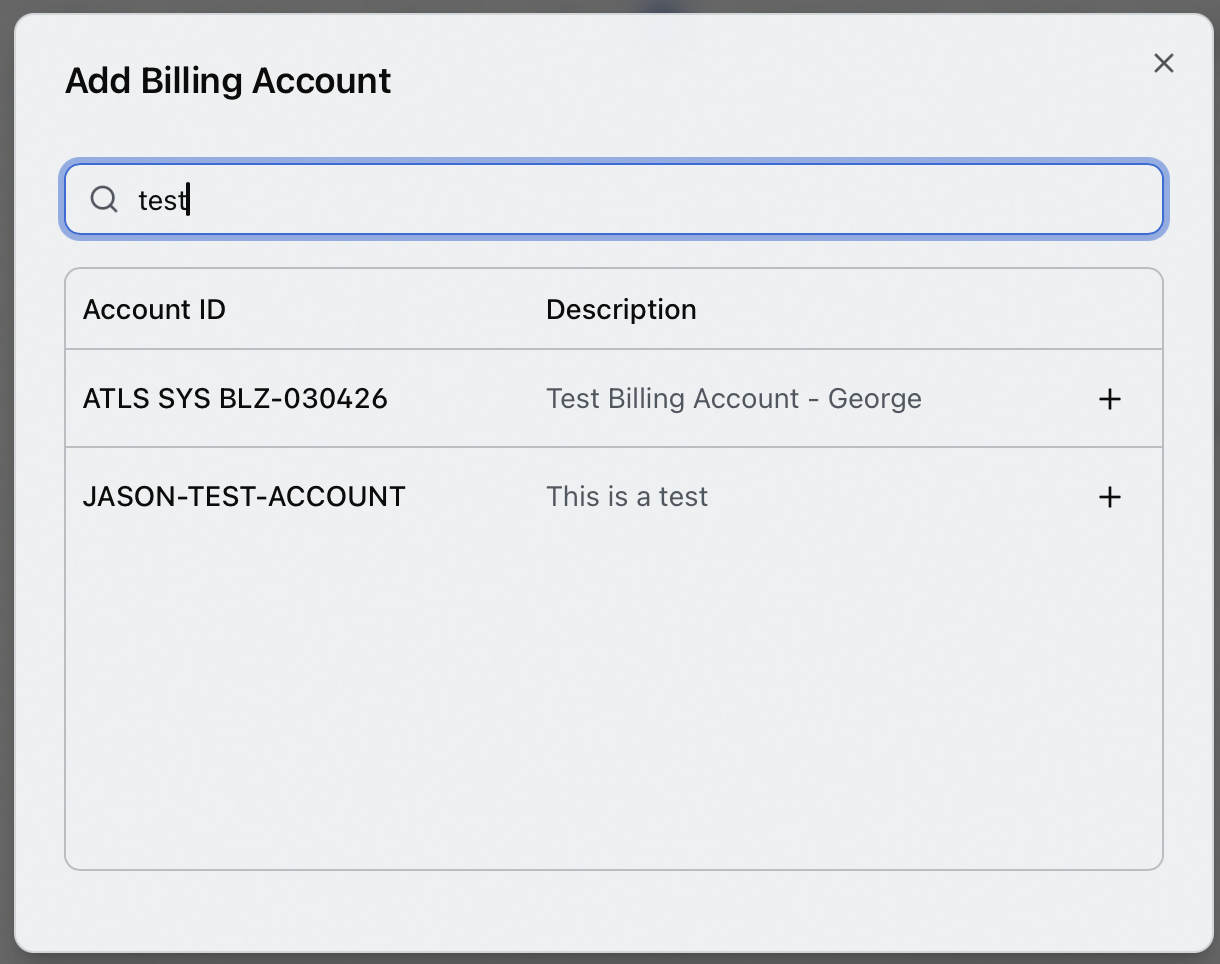 The Add Billing Account dialog with test typed in the search box and two matching accounts listed with their Account ID, Description, and a plus button on each row