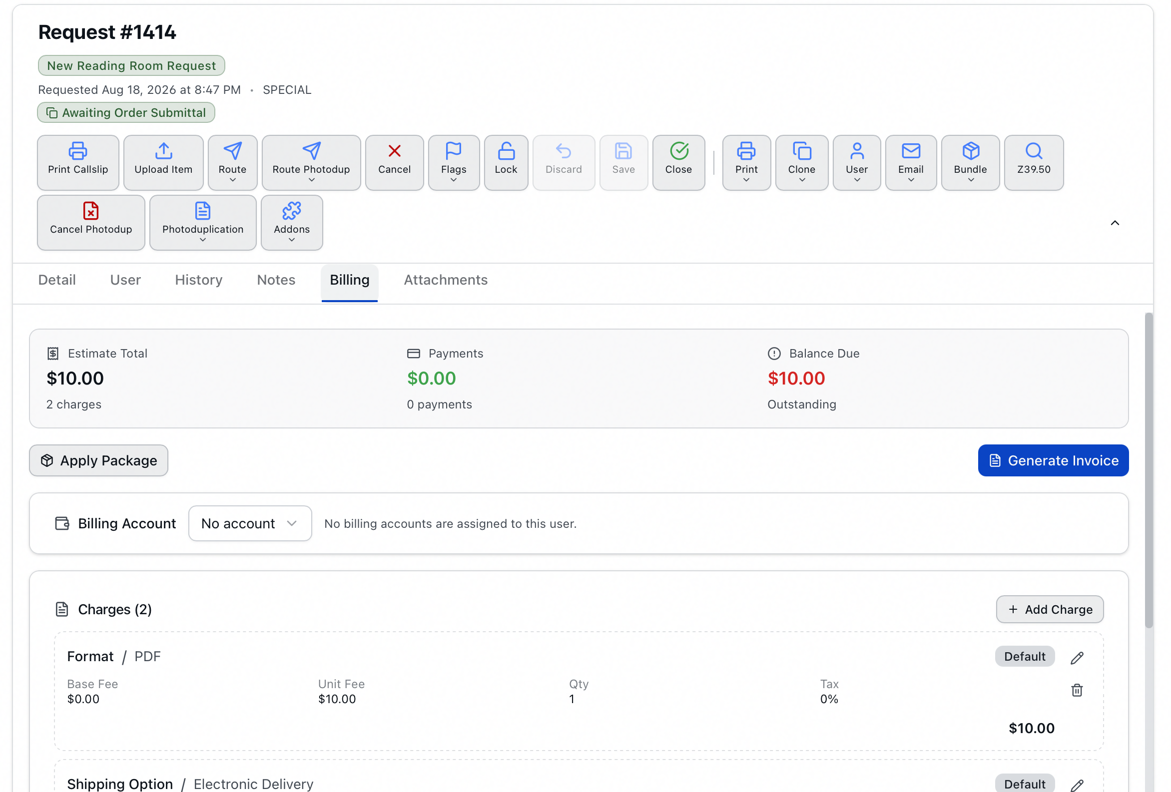 The Billing tab of an uninvoiced request, showing Apply Package and Generate Invoice in the toolbar above two suggested Default charges
