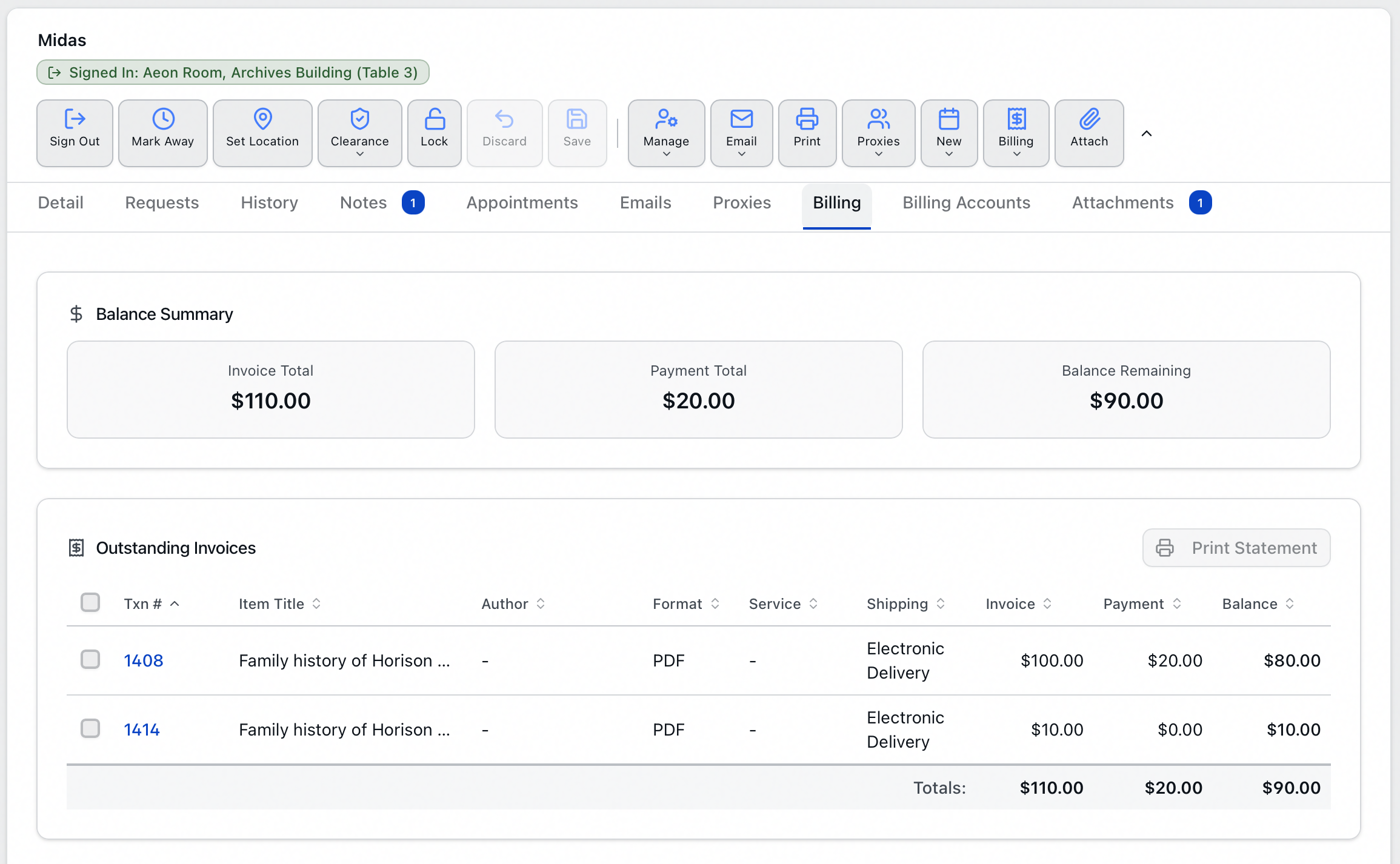 A researcher's Billing tab showing the Balance Summary tiles for Invoice Total, Payment Total and Balance Remaining above an Outstanding Invoices table listing two unpaid requests with a totals row