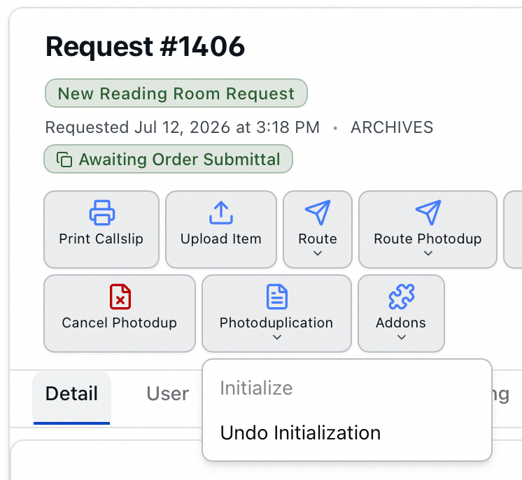The request toolbar with the Photoduplication menu open showing Initialize grayed out and Undo Initialization available, the Cancel Photodup button with its red icon, and the Awaiting Order Submittal photoduplication badge in the request header
