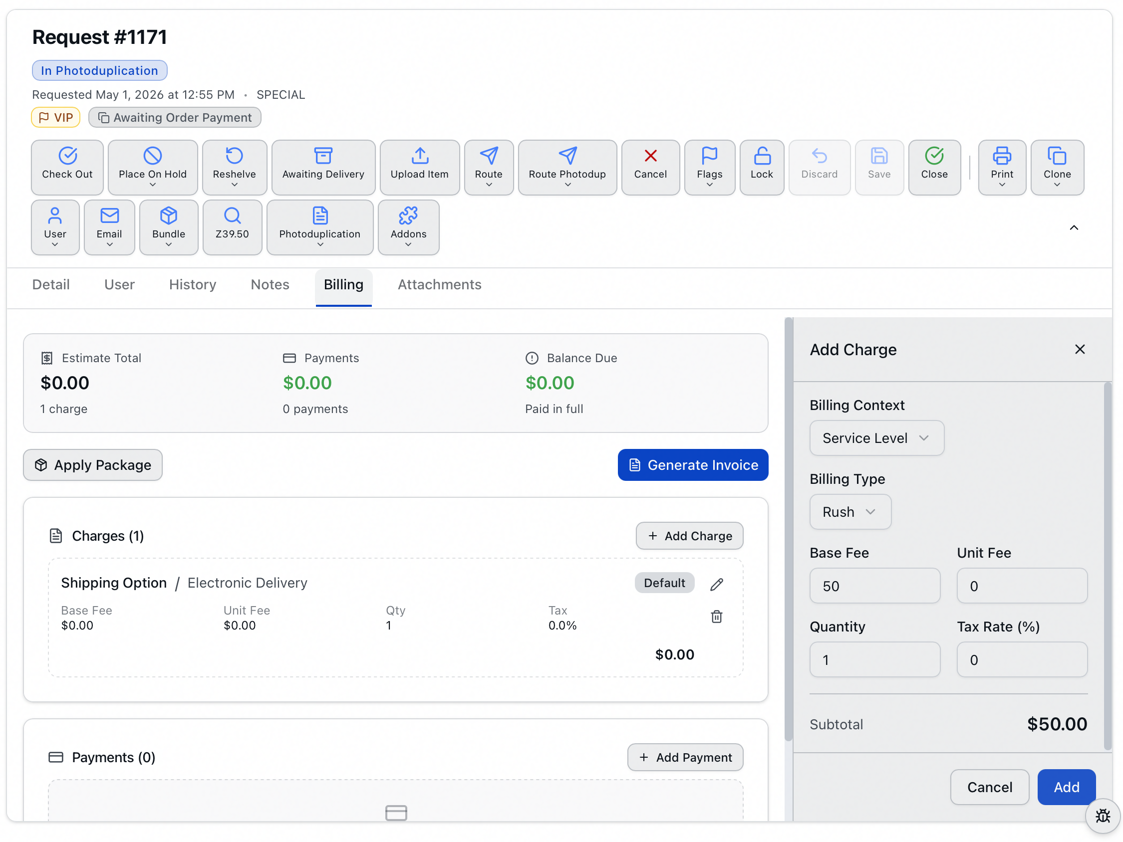 The Add Charge side panel with Billing Context, Billing Type, Base Fee, Unit Fee, Quantity, Tax Rate and a running Subtotal
