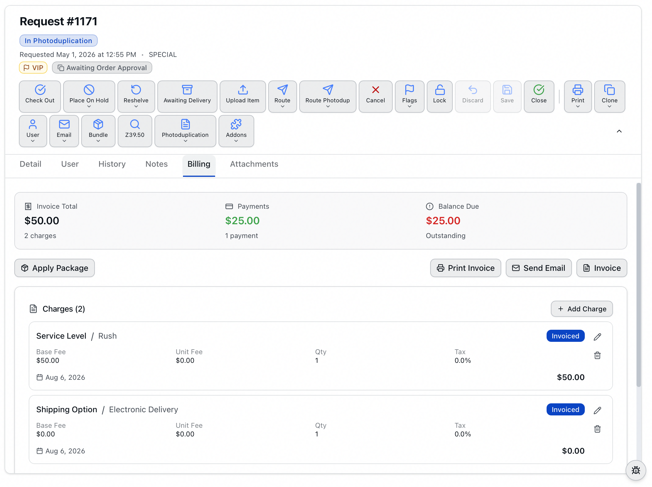 The Billing tab after invoicing, showing the Invoice Total summary, the Print Invoice, Send Email and Invoice buttons, and both charges badged Invoiced with the invoice date