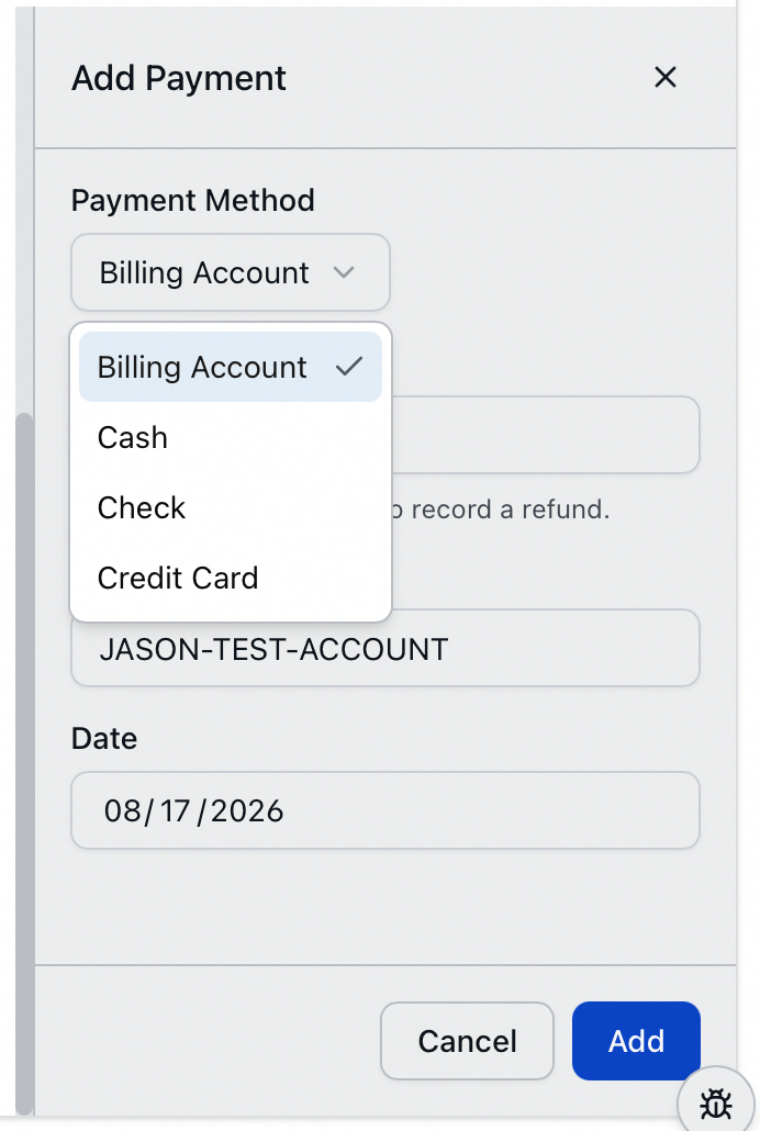 The Payment Method list open with Billing Account listed above Cash, Check and Credit Card, and the Reference already filled with the account ID