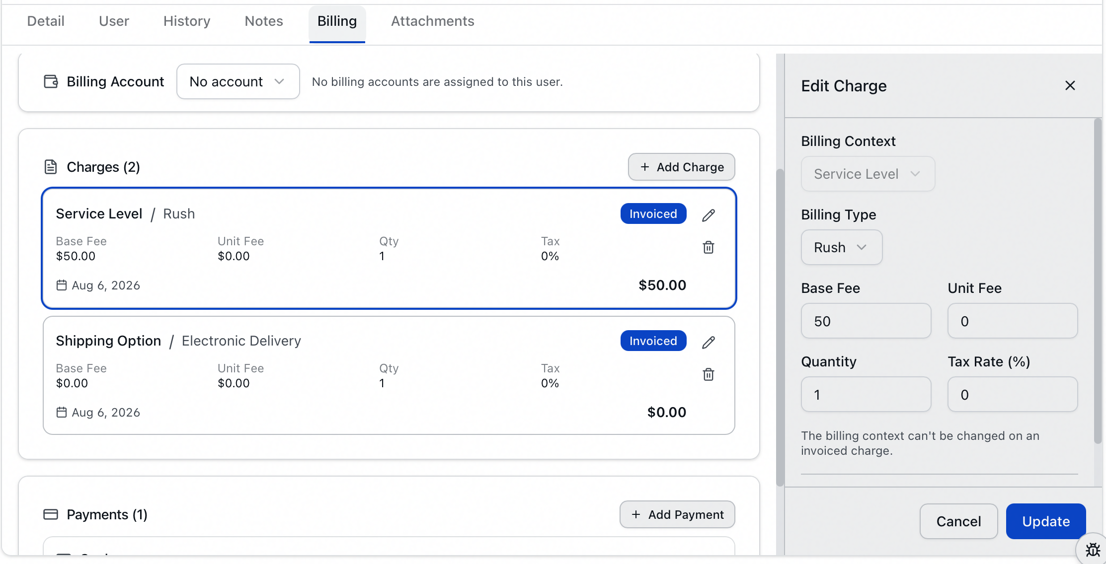 An invoiced charge highlighted in the Charges list while its Edit Charge panel is open, with the Billing Context field grayed out and locked