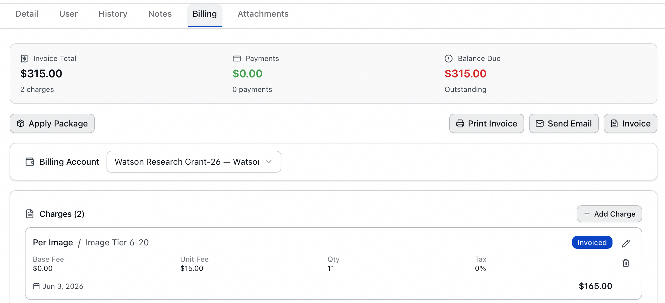 The Billing Account card on a request's Billing tab, between the Apply Package row and the Charges card, showing the assigned account Watson Research Grant-26