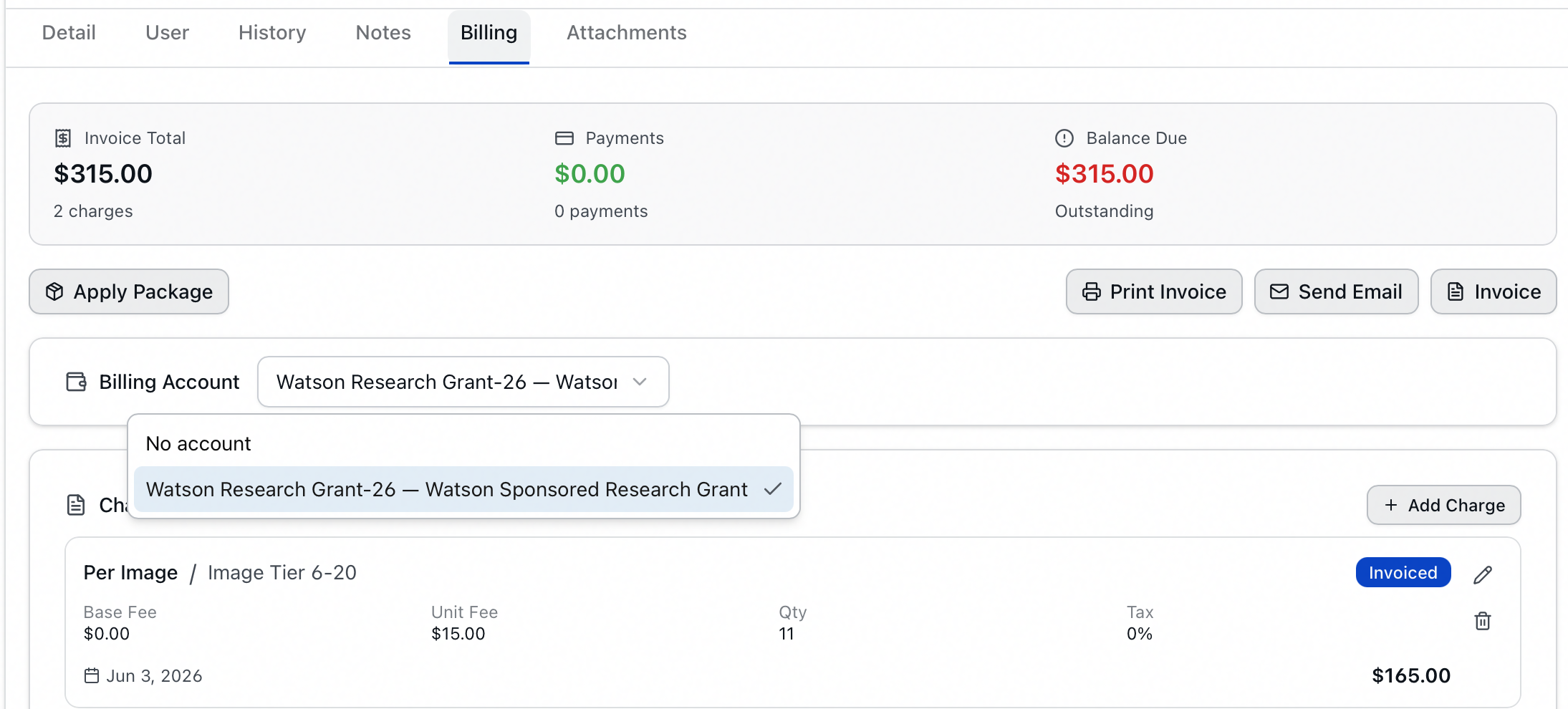 The Billing Account dropdown open, listing No account followed by Watson Research Grant-26 — Watson Sponsored Research Grant, which carries a checkmark as the assigned account