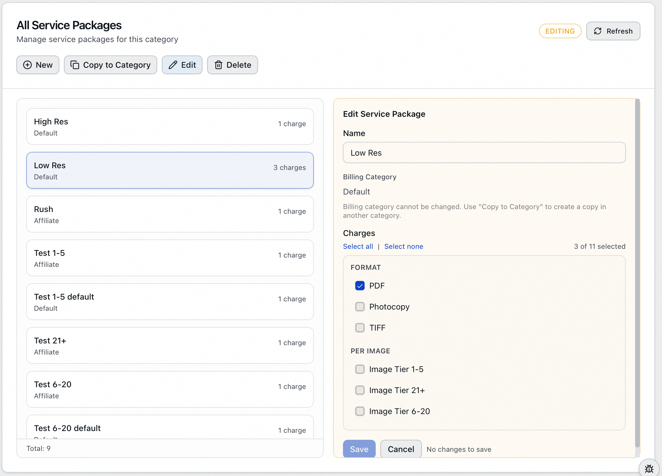 The Low Res service package open in edit mode: the Billing Category shown as fixed text with a note to use Copy to Category instead, and the Charges checklist grouped by billing context with Select all and Select none links and three of eleven charges selected