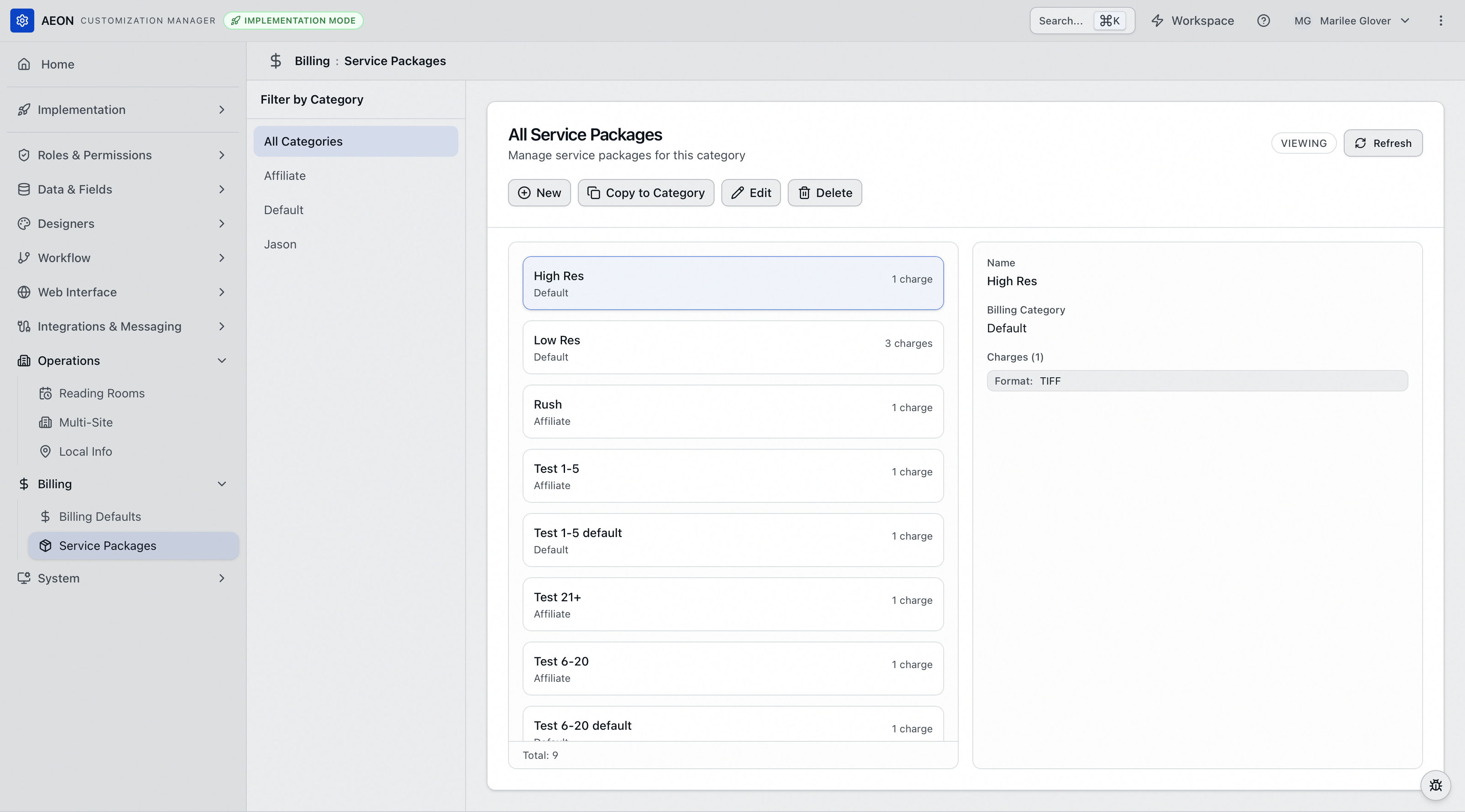The Service Packages editor in the Customization Manager: the Filter by Category sidebar with All Categories selected, the package list showing each package's name, billing category and charge count, and the detail panel for High Res with its single Format TIFF charge