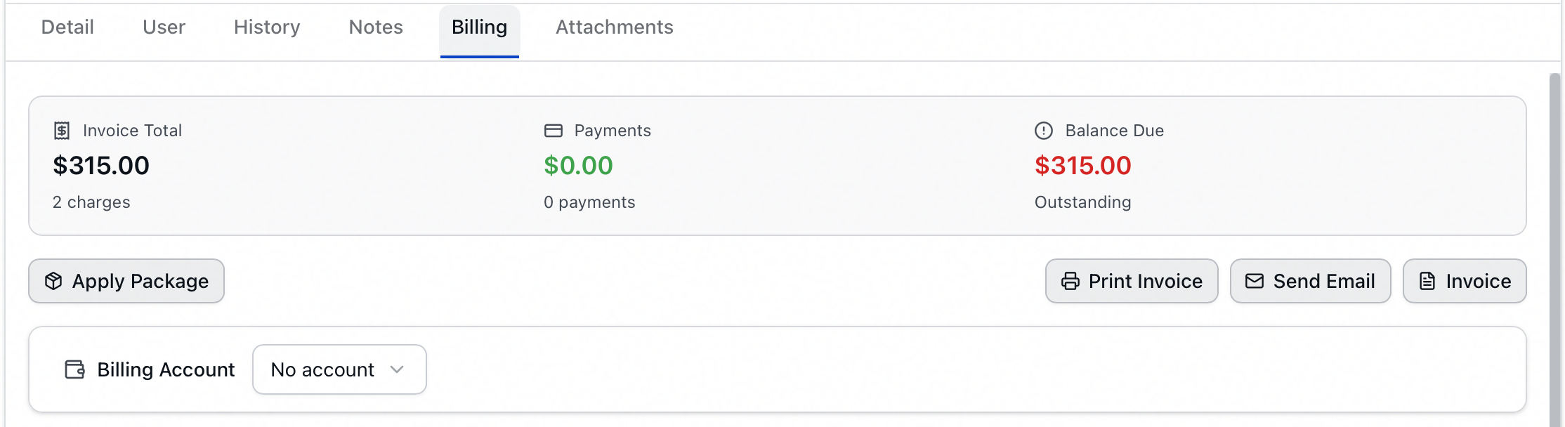 The Billing Account card on a request's Billing tab reading No account, sitting below the balance summary and the Apply Package row and above the Charges card