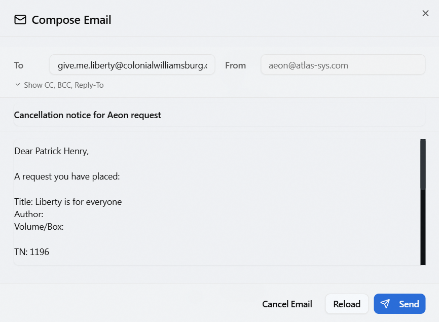The Compose Email dialog with a template-filled preview: the To field holds the researcher's address, the From address is grayed-out and read-only, and the subject and body have the request's tags resolved to real values (name, title, transaction number)