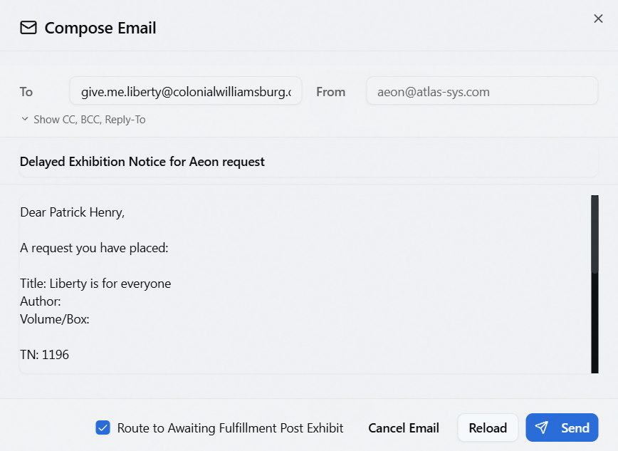 The Compose Email preview for a routing template, showing a pre-checked "Route to Awaiting Fulfillment Post Exhibit" checkbox in the footer beside Cancel Email, Reload, and Send, with the read-only From address