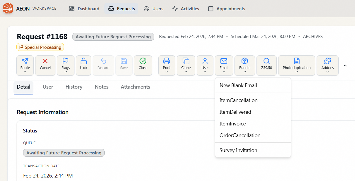 The Email menu open on a request's toolbar, showing New Blank Email at the top followed by the email template list — system templates first, then any custom templates below a separator
