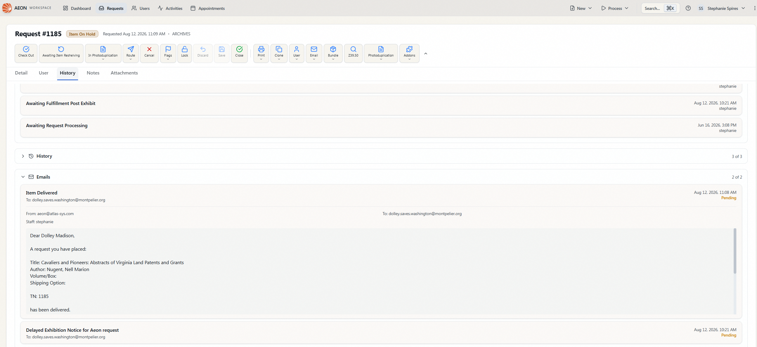 An email row expanded in the request's Emails section, showing the From and To addresses and the sending staff member above a scrollable panel holding the full message body
