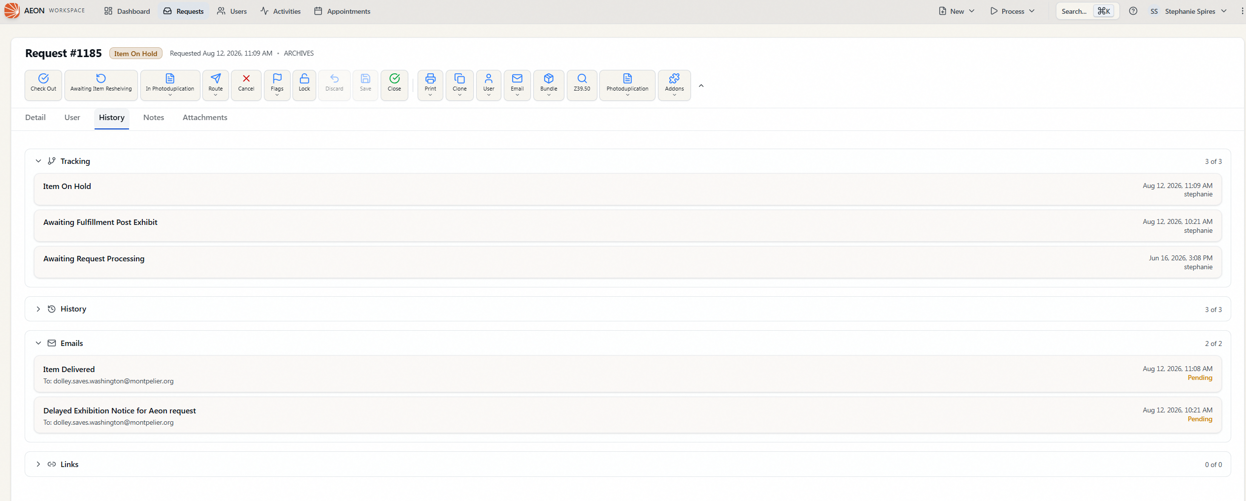 The request History tab with its four collapsible sections — Tracking, History, Emails, and Links — each showing a loaded-of-total count; the Emails section is expanded, listing two messages with their subject, recipient, date, and a Pending status label