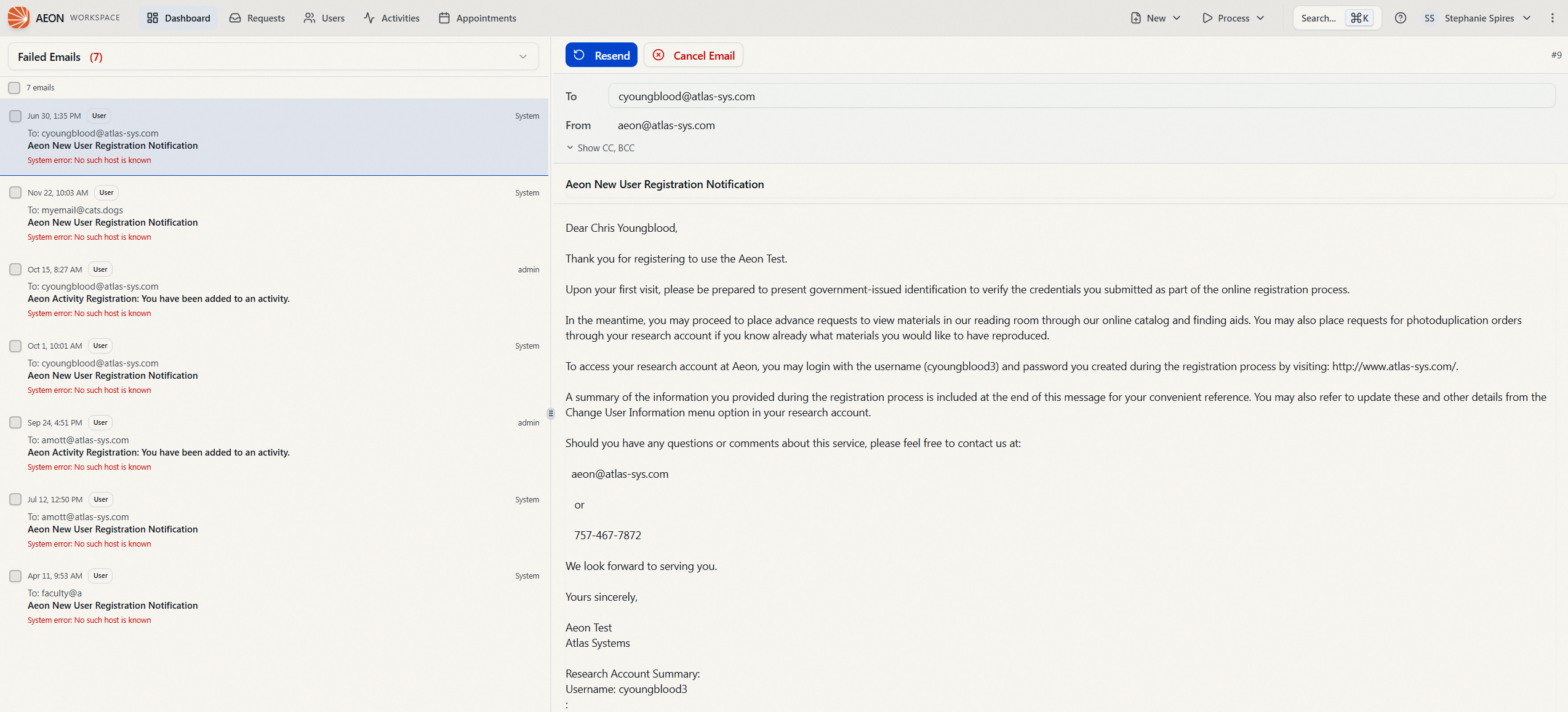 The outgoing emails queue in its two-panel layout: the Failed Emails list on the left, each row showing date, User type badge, recipient, subject, and a red error note; and the selected email's detail on the right with Resend and Cancel Email buttons, the read-only From address, a Show CC, BCC toggle, and the full message body
