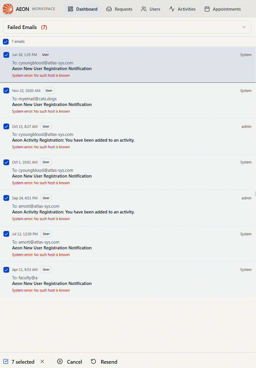 The Failed Emails list with every row selected via the select-all checkbox, and the bulk selection bar along the bottom reading "7 selected" with Cancel and Resend actions