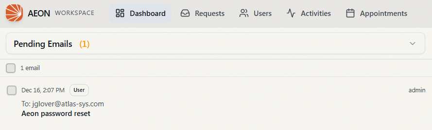 The Pending Emails view: the dropdown header reads Pending Emails (1), a "1 email" count sits above the list with a select-all checkbox, and one queued email card shows its date, User type badge, recipient, and subject