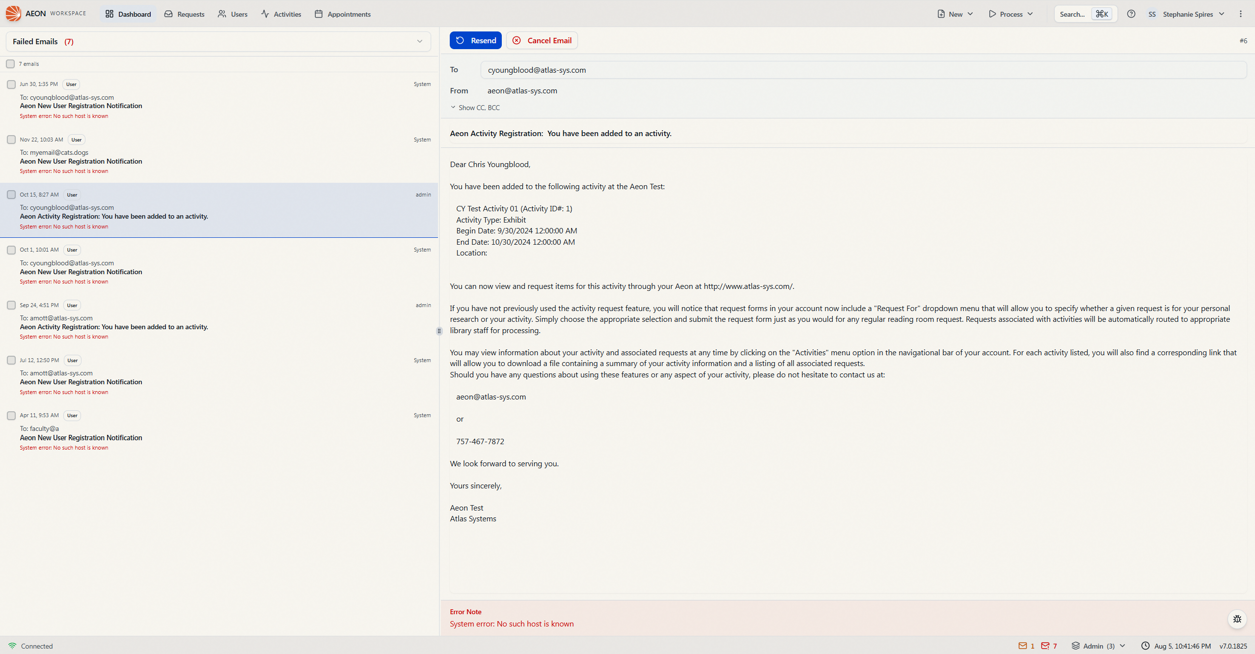 The workspace status bar along the bottom of the screen; at its far right an amber envelope with a 1 shows one pending email and a red envelope with a 7 shows seven failed emails, sitting beside the active-site indicator, clock, and version number