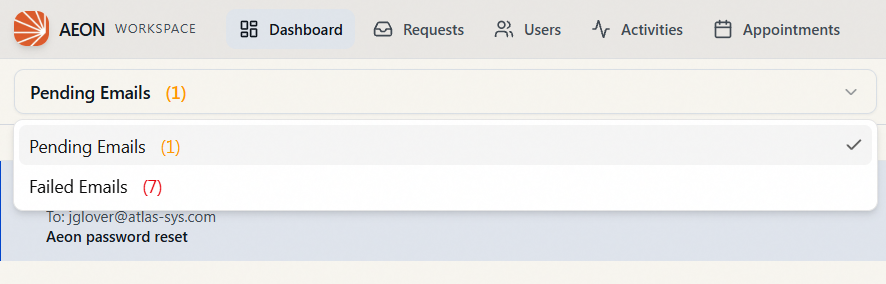 The view dropdown at the top of the outgoing emails queue open, listing Pending Emails (1) with a checkmark and Failed Emails (7), each showing its current count