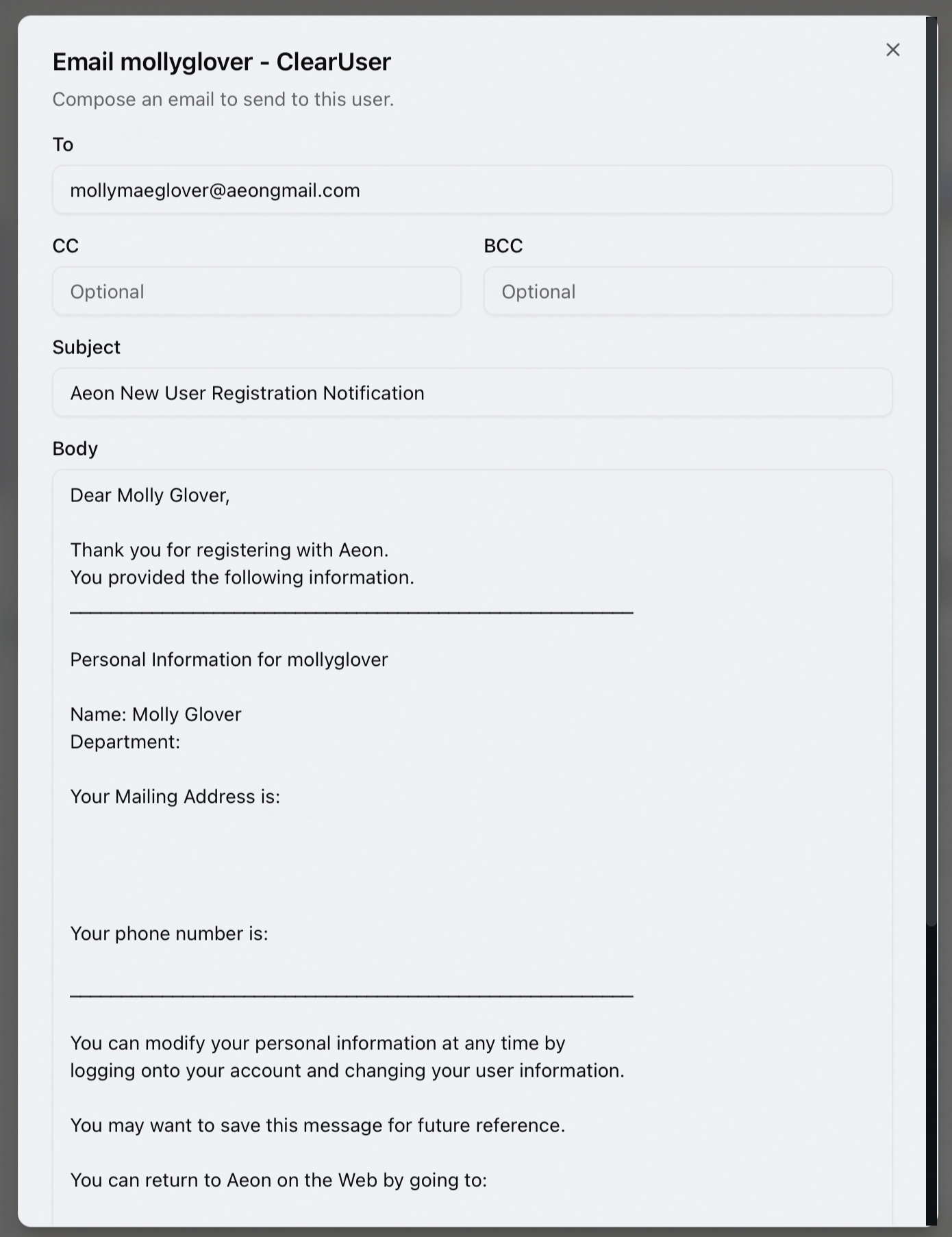 The compose email dialog with the ClearUser template loaded into the Subject and Body fields