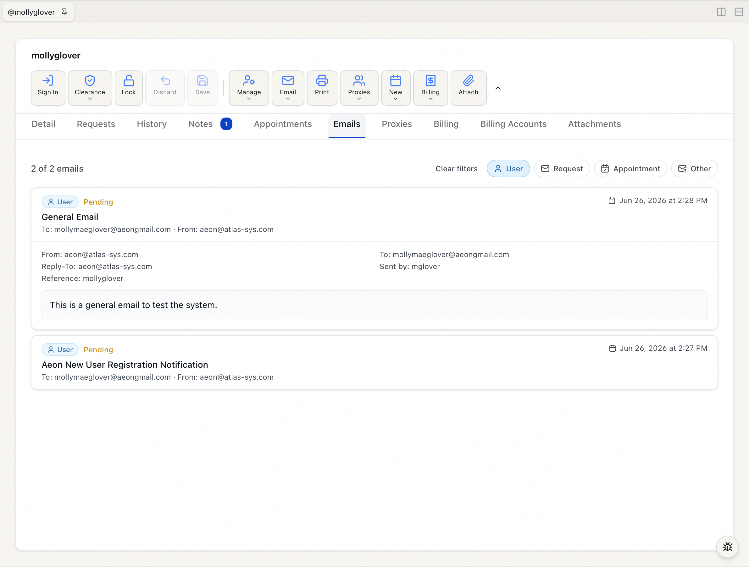 The Emails tab filtered by type with the User pill active and a Clear filters link, and one email card expanded to its headers and body