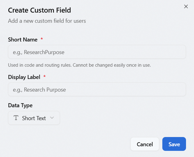 The Create Custom Field dialog showing the Short Name, Display Label, and Data Type fields
