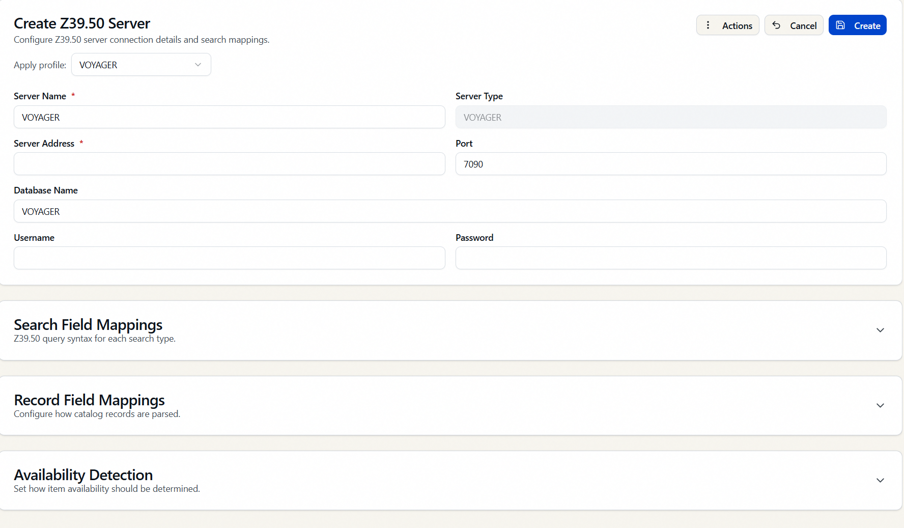 The Create Z39.50 Server form: the Connection section (Server Name, Server Type, Address, Port, Database Name, credentials) with the Search Field Mappings, Record Field Mappings, and Availability Detection sections collapsed below