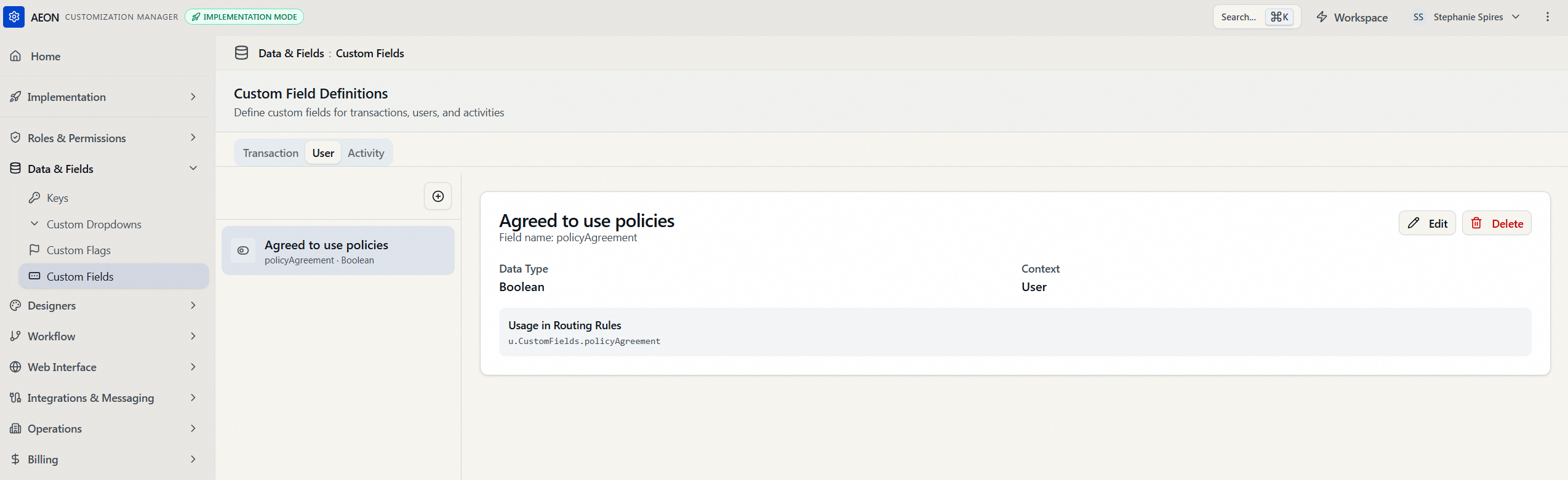 The Custom Field Definitions manager: the Transaction, User, and Activity tabs, the field list, and a selected field's detail panel showing Data Type, Context, and the routing-rule usage snippet