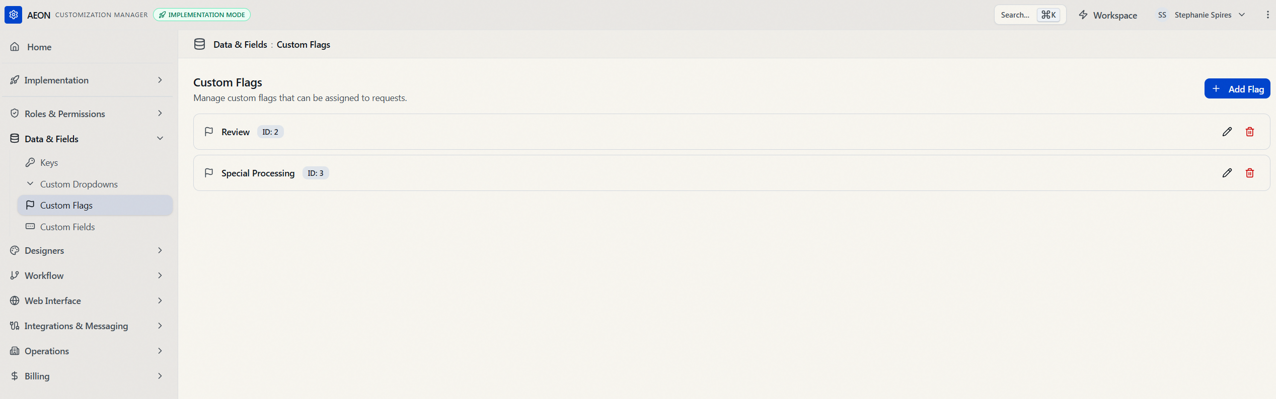 The Custom Flags editor listing defined flags (Review, Special Processing) with their ID badges and edit and delete buttons, plus the Add Flag button