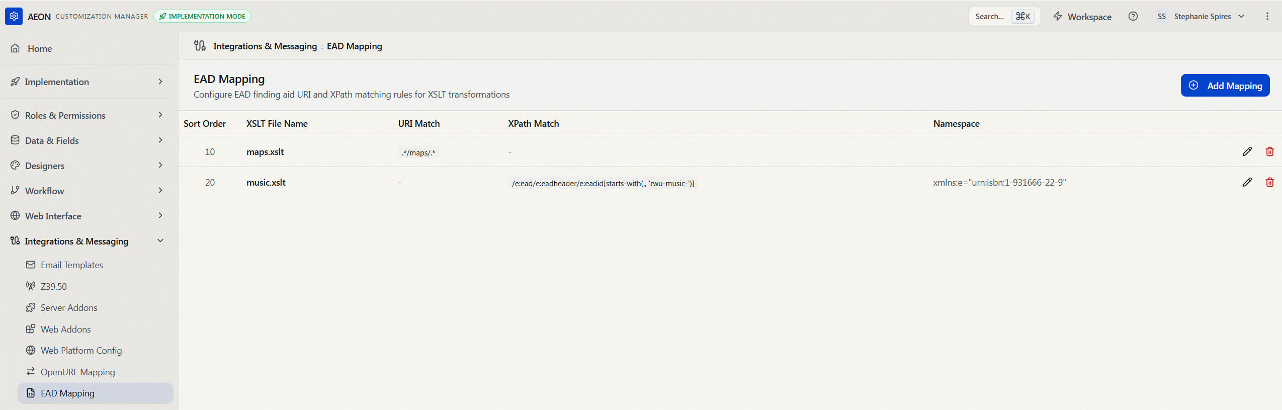 The EAD Mapping list in the Customization Manager (Integrations & Messaging > EAD Mapping) with two rules: a maps.xslt rule matched by URI (./maps/.) and a music.xslt rule matched by an XPath expression with a namespace, across the Sort Order, XSLT File Name, URI Match, XPath Match, and Namespace columns