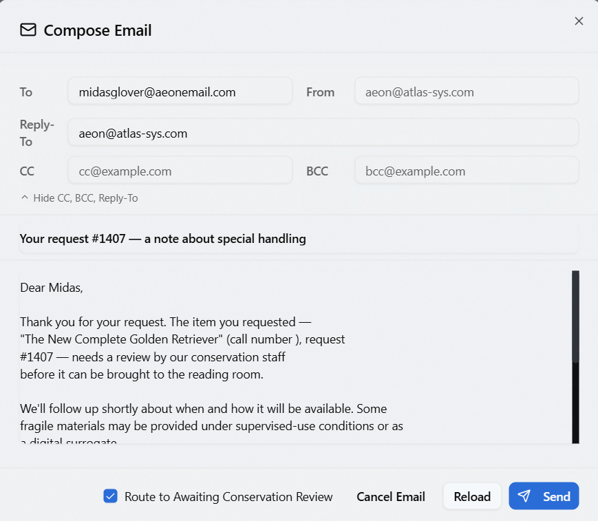 The Compose Email dialog showing a template's tags resolved for request #1407 — recipient, subject, and body filled in with the researcher's name and item title