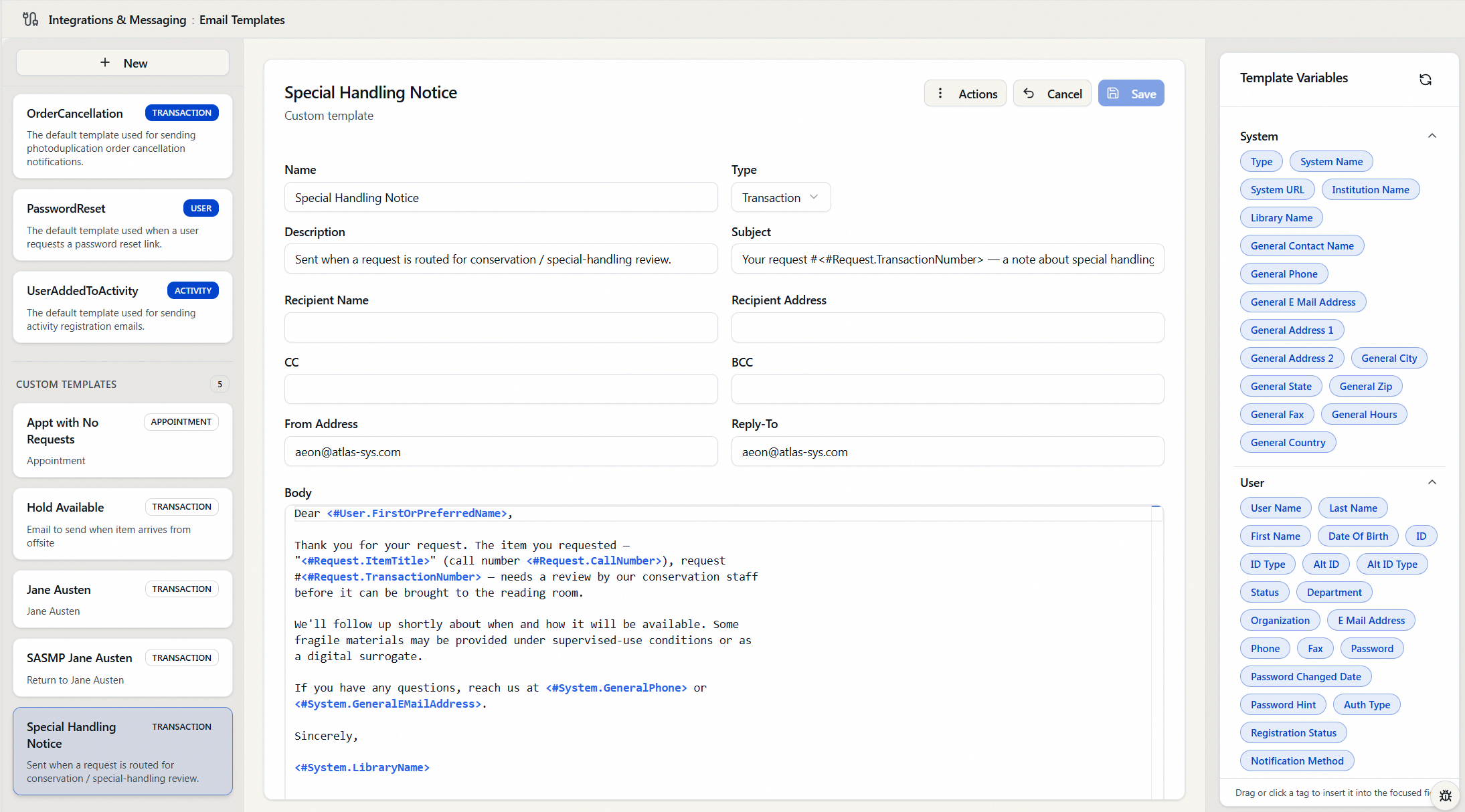 The email template editor with the Template Variables panel open and database tags shown in blue in the Body