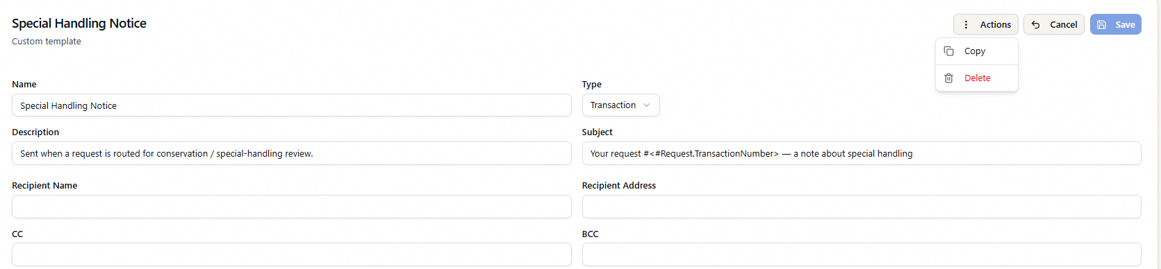 The Email Template editor Actions menu open, showing Copy and Delete