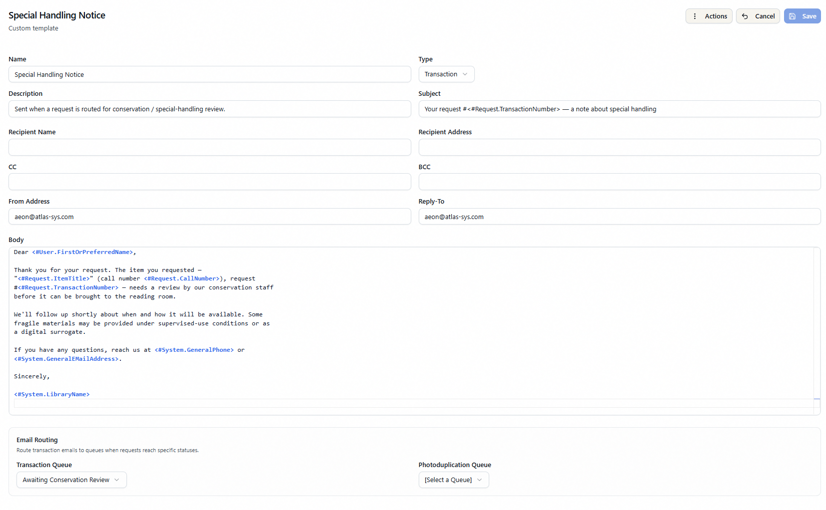 A Transaction email template showing the Email Routing box with a Transaction Queue selected and the Photoduplication Queue set to "Select a Queue"