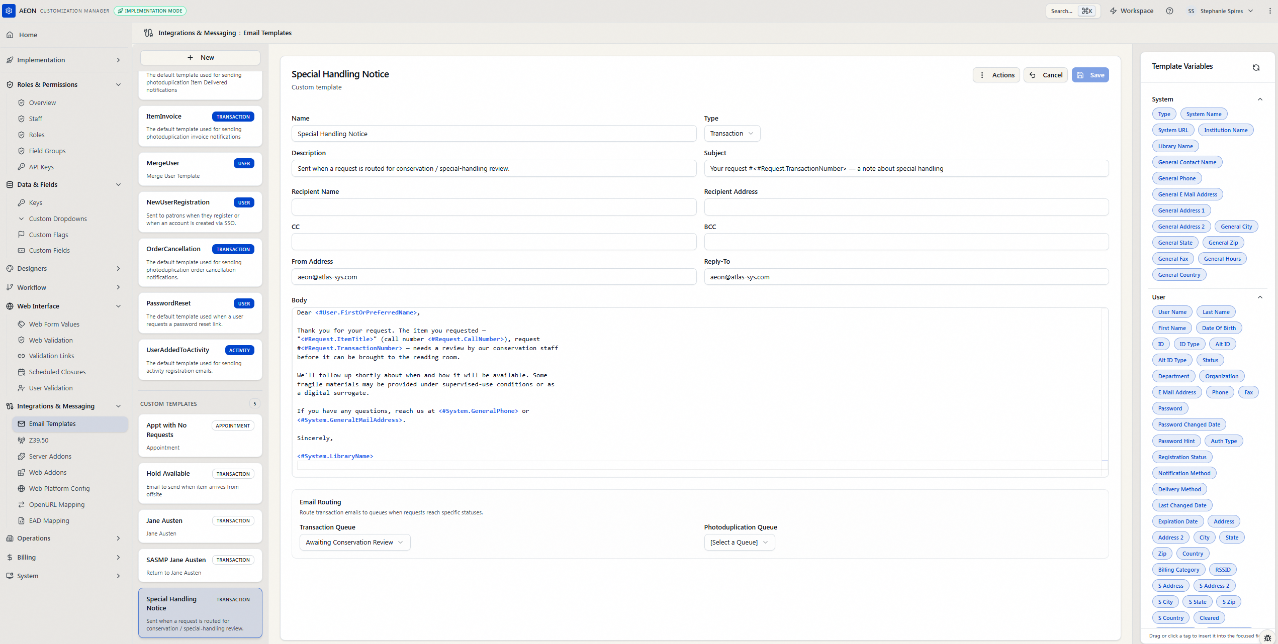 The Email Templates two-pane editor: template list (System and Custom sections) on the left, the selected template's fields in the middle, and the Template Variables panel on the right
