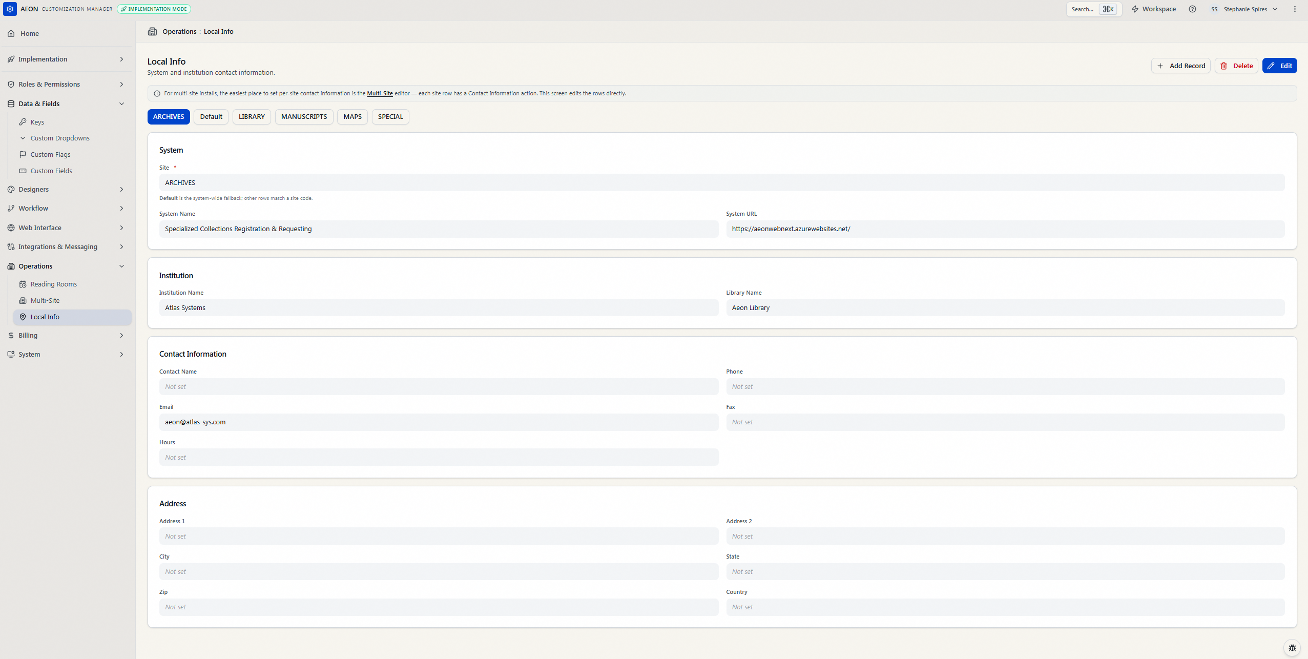 The Local Info editor in read mode: the record-selector row (ARCHIVES selected, plus Default and other site buttons) above the System, Institution, Contact Information, and Address cards